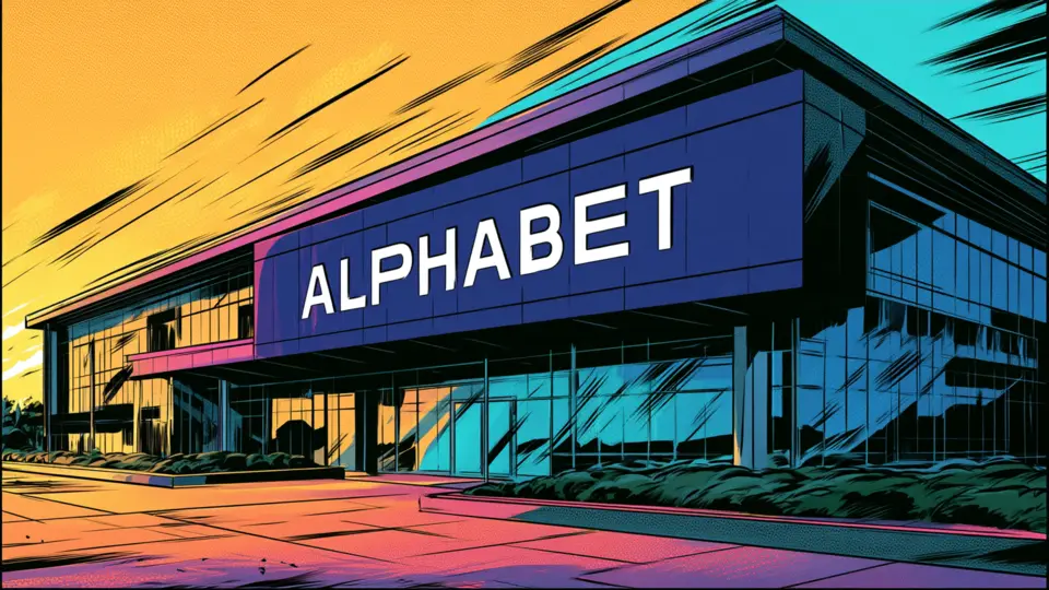Illustration of a modern building bearing the Alphabet name