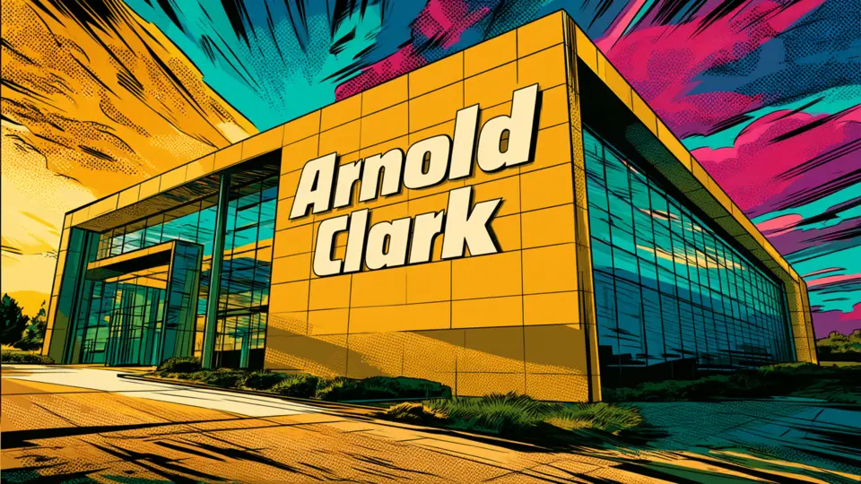 Illustration of a modern building bearing the Arnold Clark name