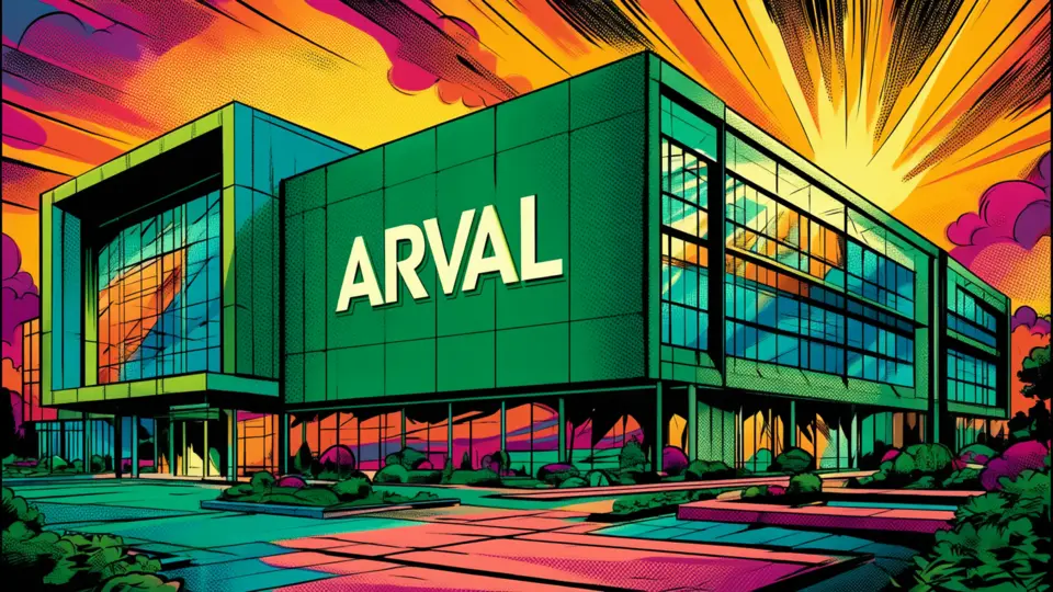 Illustration of a modern building bearing the Arval name
