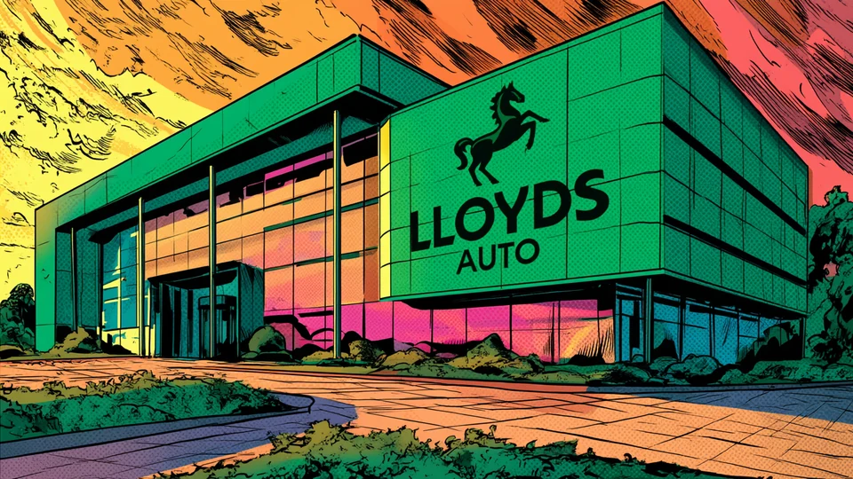 Illustration of a modern building bearing the Lloyds Auto name