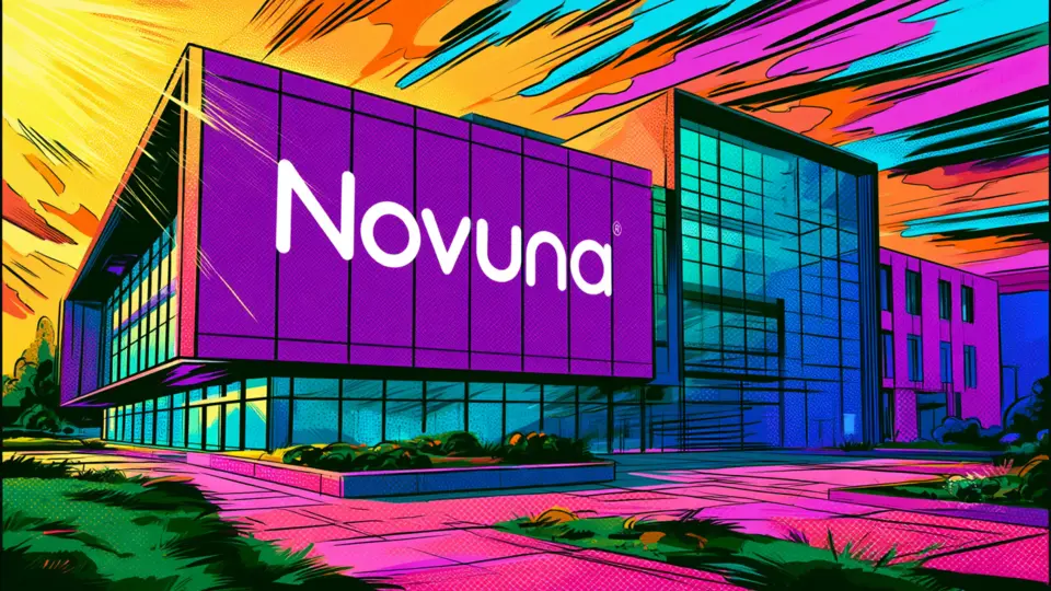Illustration of a modern building bearing the Novuna name