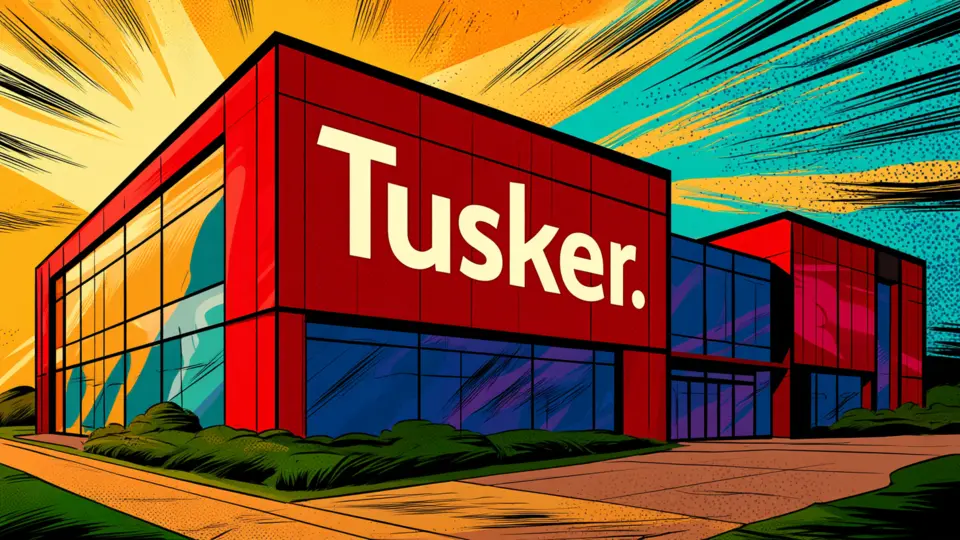 Illustration of a modern building bearing the Tusker name