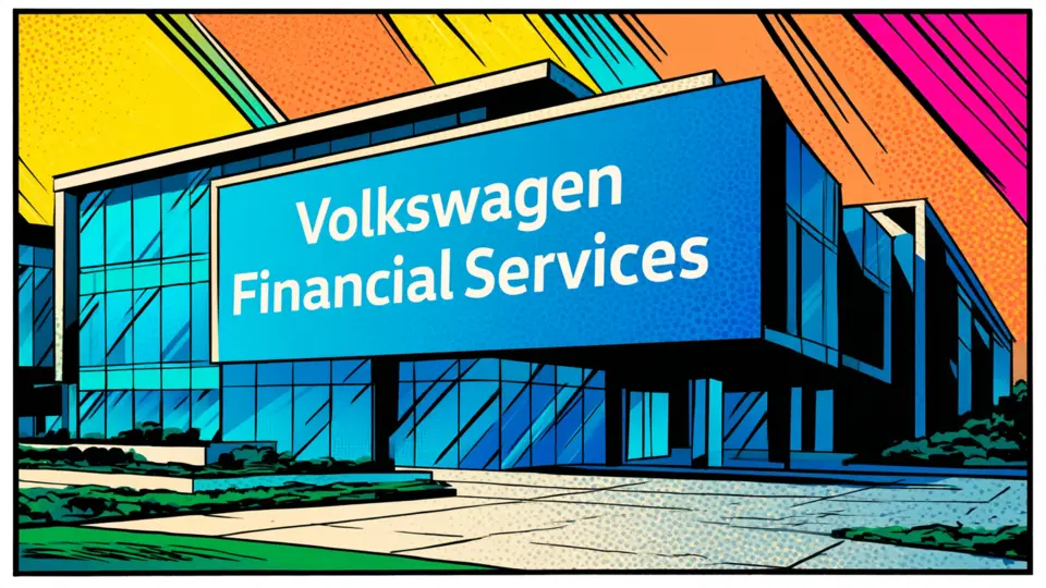 Illustration of a modern building bearing the Volkswagen Financial Services name