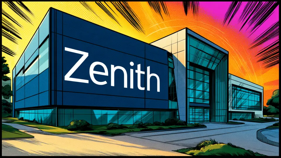 Illustration of a modern building bearing the Zenith name